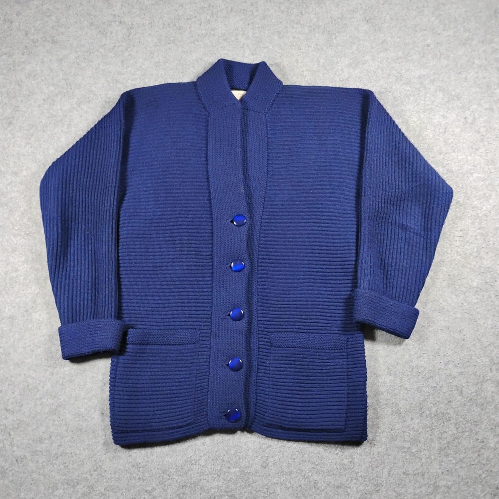 Vintage Mary Ling Co Ltd XS Royal Blue Ribbed Knit Button Up Cardigan Sweater